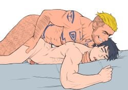 2boys anal anal_sex bara bed black_hair black_hair_bottom blonde_hair blonde_hair_on_black_hair blonde_hair_top blonde_male domination gay gay_anal gay_sex homosexual jasdavi light_hair_on_dark_hair male_only muscular muscular_male original_character tattoo