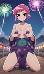 accurate_art_style ai_generated bigmic145 breasts cleavage clothed clothing feet female female_only festival fireworks netflix nipple_pasties pasties pink_hair purple_legwear ramona_flowers robe sandals scott_pilgrim scott_pilgrim_takes_off scott_pilgrim_vs._the_world star_pasties topless topless_female yukata