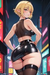 ai_generated big_ass big_breasts blonde_hair curvy elf large_ass large_socks long_legs miniskirt short_hair tight_clothing