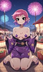 accurate_art_style ai_generated bigmic145 breasts cleavage clothed clothing feet female female_only festival fireworks netflix nipple_pasties pasties pink_hair purple_legwear ramona_flowers robe sandals scott_pilgrim scott_pilgrim_takes_off star_pasties topless topless_female yukata