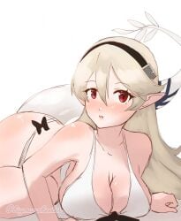 1girls bigmanskeeter bikini cleavage corrin_(fire_emblem) corrin_(fire_emblem)_(female) dragon_girl dragon_tail fire_emblem fire_emblem_fates grey_hair hairband large_breasts looking_at_viewer nintendo pointy_ears red_eyes swimsuit tail white_bikini white_swimsuit