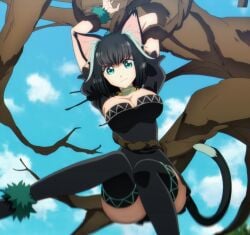 1girls animal_ears black_hair blue_eyes bondage cat_ears cat_tail catgirl cleavage edit frown isekai_shikkaku large_breasts looking_at_viewer matilda_(isekai_shikkaku) nocensorship tama_(isekai_shikkaku) thick_thighs thighs