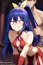 1girl1boy ai_generated blue_hair choker constricted_pupils dancer_outfit doggy_style doggy_style_position edens_zero evil_smile female grabbing_hair homura_kogetsu indoors loincloth omega-weirdo open_mouth patreon ponytail red_eyes ribbon saliva slave small_pupils smile