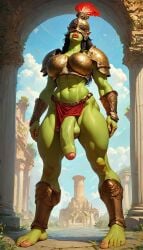 1futa ai_generated armor barefoot breast_plate breasts flaccid foreskin futanari goblinenthusiast green_skin helmet impractical_armor large_penis loincloth loincloth_aside muscular orc orc_futanari outdoors penis pointy_ears self_upload solo solo_futa testicles thick_lips warrior