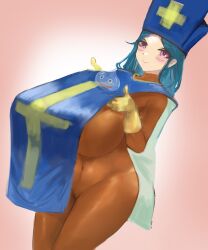 1girls big_breasts blue_hair blush bodystocking breasts breasts_bigger_than_head curvy curvy_figure dragon_quest dragon_quest_iii female female_only gloves masamasa monk nun original priest_(dq3) purple_eyes slime slime_(dragon_quest) smile