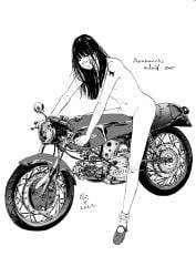 bandaid black_hair blunt_bangs breasts couhaida female highres long_hair monochrome motor_vehicle motorcycle navel nude original pubic_hair small_breasts socks thighs