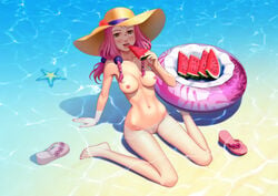 1girls barefoot beach blush breasts collarbone eating feet female female_only highres human innertube jojo's_bizarre_adventure jojolion legendarysoulii light-skinned_female light_skin long_hair looking_at_viewer looking_up nail_polish naked nude orange_eyes partially_submerged pink_hair pubic_hair pussy shounen_jump sitting solo solo_female starfish straw_hat toned watermelon yasuho_hirose