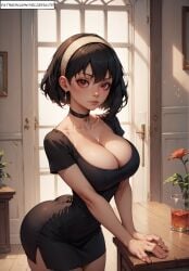 ai_generated big_breasts bubble_butt cleavage dress hair_band hourglass_figure little_black_dress red_eyes spy_x_family velzevulito yor_briar yor_forger