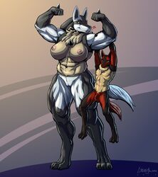 1boy 1girls 3_toes abs absurd_res alternate_color anthro anthrofied arm_grab armpits balls black_fur blue_fur breasts duo feet female flaccid flexing foreskin greasymojo half-closed_eyes heart hi_res holding huge_breasts humanoid_penis larger_female lucario male muscular muscular_female muscular_male nintendo nipples nude original_character paws penis pokemon pokemon_(species) pokemon_dppt pose pussy red_fur size_difference smaller_male smile spikes standing tail testicles text uncircumcised video_games watermark yellow_fur