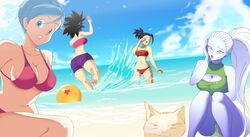 4girls angel angel_(dragon_ball) ass beach beachball big_breasts bikini black_hair blue_eyes blue_hair blue_skin blush breasts bulma_briefs caulifla dragon_ball dragon_ball_super feet kale laserclaw7 legs looking_at_viewer multiple_girls ocean ponytail purple_eyes purple_lips saiyan smile standing_in_water swimsuit thick_thighs thighs tied_hair vados voluptuous water white_hair