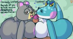 alli_(animal_crossing) alligator animal_crossing ass bear breasts female heart heart-shaped_pupils huge_ass huge_breasts human kiss_mark klutzatdusk lipstick male motion_lines nintendo olive_(animal_crossing) paizuri penis penis_kiss text video_games