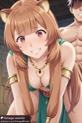 1girl1boy ai_generated animal_ears big_breasts brown_hair constricted_pupils dancer dancer_outfit doggy_style doggy_style_position female loincloth long_hair muscular_male omega-weirdo patreon racoon_girl raphtalia red_eyes small_pupils smile tate_no_yuusha_no_nariagari