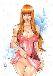 1girls 2019 ariel_chylde bangs big_breasts big_lips bimbo blonde_hair blue_eyes breasts busty cleavage curvaceous curvy darkchylde dated dress dress_lift ed_benes_studio eyeshadow female female_only hairless_pussy human image_comics lanio_sena large_breasts lipstick long_hair makeup mascara nail_polish nipple_bulge nipples no_panties pink_dress pink_lips pink_lipstick pinup pussy shaved_pussy signature solo standing thighs vagina voluptuous vulva