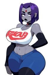 ai_generated armwear black_lipstick ear_piercing grey_skin huge_ass huge_breasts jean_shorts lubbasdump massive_ass massive_breasts punk purple_hair raven_(dc) shorts tank_top teen_titans thigh_socks thighhighs wide_hips