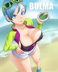 1girls beach big_breasts bikini bikini_top blue_eyes blue_hair breasts bulma_briefs curvy dragon_ball dragon_ball_super dragon_ball_z erect_nipples erect_nipples_under_clothes huge_breasts javiermtz looking_at_viewer mature mature_female milf smile solo voluptuous