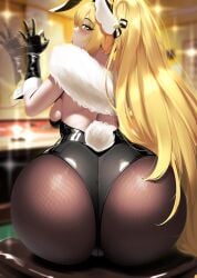 1girls afterimage ass ass_focus back backboob backless_outfit black_gloves black_legwear black_leotard blonde_hair blurry_background breasts bunny_ears bunnysuit casino fake_animal_ears fellatio_gesture from_behind fur_trim goddess_of_victory:_nikke green_eyes gyaru hair_ornament hi_res highleg highleg_leotard large_breasts leotard long_hair looking_at_viewer looking_back niflheim_(artist) official_alternate_costume open_mouth pantyhose ponytail rupee_(nikke) rupee_(rabbit_deluxe)_(nikke) sidelocks sitting solo solo_female tongue tongue_out wrist_cuffs