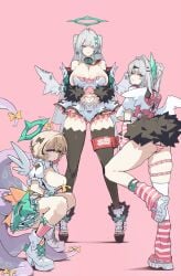 3girls absurd_res angels_of_delusion aria_(zenless_zone_zero)_(cosplay) ass big_breasts breasts cleavage cosplay female female_focus female_only highres large_breasts light-skinned_female light_skin looking_at_viewer nangong_yu_(zenless_zone_zero)_(cosplay) panties pantyshot rimeye skirt striped_panties sunna_(zenless_zone_zero)_(cosplay) thick_thighs thighs too_big_for_clothing velina_airgid wide_hips yidhari_murphy yixuan_(zenless_zone_zero) zenless_zone_zero