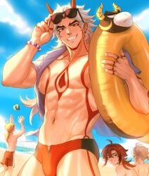 arataki_itto beach beach_volleyball genshin_impact hoyoverse kaedehara_kazuha male male_focus male_only multiple_boys muscular muscular_male red_eyes shikanoin_heizou solo_male sombre_slahc speedo tagme thoma_(genshin_impact) white_hair