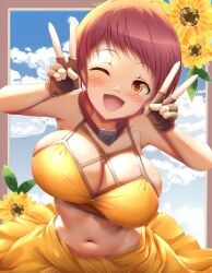 1girls ;d accessory alternate_costume armpits bare_arms bare_midriff bikini cleavage double_v female female_only fingerless_gloves fire_emblem fire_emblem:_three_houses fire_emblem_heroes flower gloves happy large_breasts leonie_pinelli leonie_pinelli_(summer) looking_at_viewer midriff necklace nintendo official_alternate_costume one_eye_closed open_mouth orange_hair short_hair sideboob skindentation sunflower swimsuit v wink yanmarson yellow_bikini yellow_eyes yellow_swimsuit