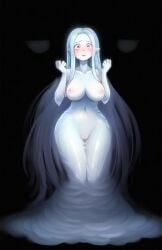 ai_generated blue_hair blue_hair_female blush breasts collarbone ectobody ectoplasm female frown frowning ghost ghost_girl hands_up long_hair mortua navel nipples novelai pale_skin pale_skinned_female pointy_ears pussy red_eyes simple_background slime slime_girl solo solo_female very_long_hair white_body white_hair white_hair_female