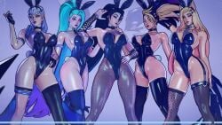 5girls ahri akali big_breasts big_butt blonde_hair blue_eyes blue_hair bracelet breasts bright_eyes bright_pupils bunny_costume bunny_ears bunny_girl bunny_tail bunnysuit choker cleavage dark_blue_hair evelynn female_only floating_object grey_eyes group heart_choker heel_boots heels high_heels k/da_all_out_ahri k/da_all_out_akali k/da_all_out_evelynn k/da_all_out_kai'sa k/da_all_out_seraphine k/da_all_out_series k/da_series kai'sa large_breasts league_of_legends league_of_legends:_wild_rift long_hair looking_at_viewer makeup_running multicolored_hair multiple_girls pantyhose pink_eyes posing_for_the_viewer purple_eyes riot_games seraphine_(league_of_legends) sfrinzy silver_hair tagme thick_thighs thighhighs thighs tie tie_between_breasts yellow_eyes