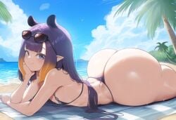 ai_generated ameanon beach beach_towel big_ass bikini bubble_butt dat_ass female_only flat_chest hand_on_chin hololive hololive_english hololive_myth huge_ass large_ass looking_at_viewer micro_bikini ninomae_ina&#039;nis on_stomach pointy_ears smile thick_thighs virtual_youtuber vtuber