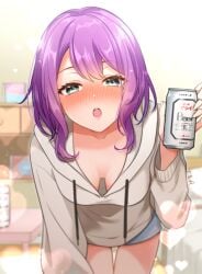 beer blush clothed d4dj drunk hanging_breasts heart hidaka_saori inuwozawa no_bra