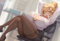 ai_generated ameanon big_breasts blonde_hair blue_eyes breasts breasts_bigger_than_head cleavage crossed_legs glasses hair_bun high_heels hololive hololive_english hololive_myth huge_breasts large_breasts office office_lady one_eye_closed pantyhose partially_unbuttoned pencil_skirt shoe_dangle sitting stretching thick_thighs tight_clothing unbuttoned unbuttoned_shirt virtual_youtuber vtuber watson_amelia yawn