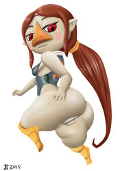 2015 animal_humanoid anus ass avian avian_humanoid beak between_labia big_butt blush breasts brown_hair cloaca clothed clothing digital_media_(artwork) female fingers grey_impact hair humanoid humanoid_pointy_ears innie_pussy mammal medli nintendo nose_beak nude pussy red_eyes rito shortstack simple_background small_breasts smile solo the_legend_of_zelda thick_thighs video_games white_background wide_hips wind_waker