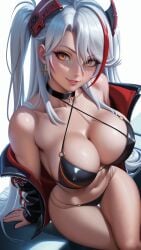 ai_generated azur_lane bare_shoulders big_breasts bikini breasts choker cleavage fake_breasts female female_focus female_only firm_breasts focus large_breasts light light_skin looking_at_viewer navel nsfw o_ring panties prinz_eugen_(azur_lane) round_breasts seducing seduction seductive seductive_gaze seductive_look shiny shiny_breasts shiny_hair shiny_skin sideboob simple_background sitting sky4maleja smile swimsuit thick_thighs thong underwear white_background