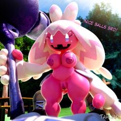 1boy 1girls 3d 3d_(artwork) areolae breasts dialogue female hammer human meme meme_reference nipples nude nude_female outdoors png pokemon pokemon_(species) pussy shortstack tahlian text thick_thighs tinkaton weapon wide_hips