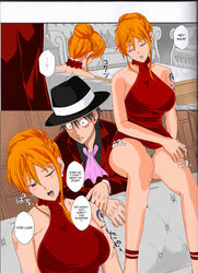 1boy 1girls big_breasts bimbo braided_hair clothed color doujinshi echigawa_ryuuka english_text female hair_bun male minidress monkey_d_luffy nami nami_(one_piece) one_piece orange_hair panties pantyshot post-timeskip red_dress sleeping tattoo text upskirt