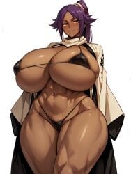 ai_eyes ai_generated bleach dark-skinned_female dark_skin female huge_breasts looking_at_viewer muscular_thighs oatmealdoo shihouin_yoruichi thick_thighs