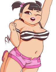 arm_up black_hair chubby dzyer fat flip_flops gray_eyes large_breasts open_mouth sadie_(tdi) short_shorts smiling total_drama_island twintails unbuttoned