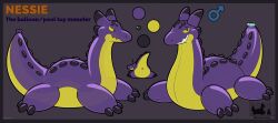 anus ass comparing green_sclera grin hi_res inverted_exclamation_mark latex_body loch_ness_monster male_(lore) model_sheet nessie_(ryucas) nozzle pool_toy purple_body ryucas side_view smile teeth translucent translucent_body x_anus yellow_body