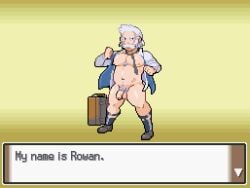 1boy bara beard belly big_belly big_pecs body_hair chest_hair dialogue dialogue_box dilf doctorhiruluk edit facial_hair fat_belly game_ui grandfather grandpa large_pectorals male male_only mature_male muscular muscular_male older_male partially_clothed pecs pixel_art pokemon pokemon_dppt professor_rowan pubic_hair rowan_(pokemon) white_beard white_hair