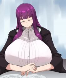 1girls animated blunt_bangs breasts female fern_(sousou_no_frieren) gigantic_breasts live2d miruyuyo purple_eyes purple_hair shogakukan shorter_than_30_seconds sleeping solo sousou_no_frieren tagme twitter_link video