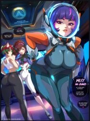 3girls ass ass astronauts bare_arms bare_shoulders big_ass big_breasts big_butt blizzard_entertainment brown_hair clothed clothing color d.va english_text felox08 female female_focus female_only green_hair hi_res juno_(overwatch) kiriko_(overwatch) large_breasts light-skinned_female light_skin long_hair looking_at_viewer overwatch overwatch_2 purple_hair red_eyes short_hair solo_female tagme text text_bubble thick_thighs