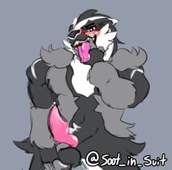 1boy 2019 animal_genitalia animal_penis blush bodily_fluids canine_penis genital_fluids hand_on_balls knot male male_only nintendo obstagoon open_mouth penis pink_penis pokémon_(species) pokemon pokemon_ss precum simple_background solo soot_in_suit tongue video_games