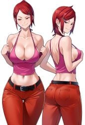 1girls ai_generated back_view belt digital_media_(artwork) female_only flat_colors front_view hairclip hourglass_figure multiple_views original original_artwork original_character pointy_chin side_swept_bangs tank_top white_background wide_hips