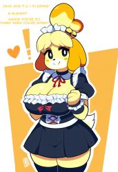 ai_generated animal_crossing anthro big_breasts blonde_hair blush breasts canid canine canis cleavage clothed clothing domestic_dog female fur hair hellsonger hi_res isabelle_(animal_crossing) legwear looking_at_viewer maid_uniform mammal nintendo shih_tzu simple_background smile solo text thick_thighs thigh_highs toy_dog uniform yellow_body yellow_fur