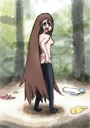 1girls breasts caught clothes_on_floor clothes_removed clothing_aside doriazu_(artist) dress_up embarrassed hair_down long_hair looking_at_viewer medium_breasts nude open_mouth outside panties pants pants_down pokemon pokemon_bw2 pulling_pants_down rosa_(pokemon) solo topless undressing very_long_hair