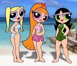 1996 3girls ass beach bigtyme bikini black_hair blonde_hair blossom_(powerpuff_girls) blue_eyes bubbles_(powerpuff_girls) buttercup_(powerpuff_girls) cartoon_network dildo durex eyelashes female green_eyes lingerie lipstick long_hair onepiece_swimsuit open_mouth outdoors pink_eyes ponytail powerpuff_girls red_hair skirt swimsuit theedministrator765 twintails