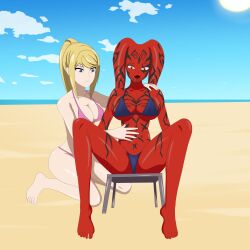 2girls alien_girl anoneysnufftan applying_sunscreen beach beach_chair beach_towel bikini blonde_hair chair crossover darth_talon eastern_and_western_character edasbild embarrassed female female_only humiliation imminent_death killer_lotion massage metroid murder nintendo ocean peril punishment red_skin rubbing samus_aran sand seaside sitting sky snuff star_wars star_wars:_legacy summer sunbathing swimsuit tattoos towel