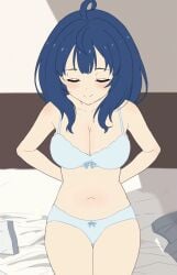 ahoge animated bare_arms bare_belly bare_legs bare_shoulders bare_thighs bed bed_sheet belly_button big_breasts blue_bra blue_eyes blue_hair blue_panties blush body_blush bra breasts cleavage collarbone make_heroine_ga_oo_sugiru! medium_hair nipples panties removing_bra sincos sitting sitting_on_bed thighs topless underwear undressing unworn_shirt unworn_skirt yanami_anna