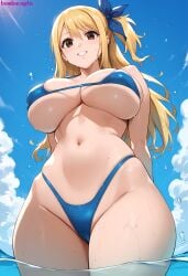 ai_generated arms_behind_back big_breasts bikini bikini_bottom bikini_top blonde_hair blue_bikini bombacopta breasts breasts_bigger_than_head brown_eyes cameltoe cleavage curvy fairy_tail female female_focus female_only hair_ribbon hands_behind_back highres hourglass_figure huge_breasts long_hair lucy_heartfilia mature_female midriff navel posing ribbon simple_background skindentation sky slim_waist smile solo standing standing_in_water sweat thick_hips thick_thighs underboob viewed_from_below wet wide_hips