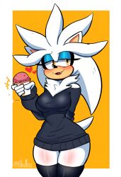 absurd_res ai_generated anthro blush breasts burger clothing dessert eulipotyphlan female food fur heart hedgehog hellsonger hi_res holding_food legwear mammal sega silver_the_hedgehog simple_background solo sonic_(series) sonic_the_hedgehog_(series) sweater thigh_highs