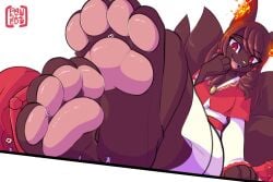 brown_fur cute enjoying female fire foot_fetish fox furry giantess hand_under_head heart_symbol kitsune long_hair macro macro/micro micro micro_on_macro p4wsized paws pink_pawpads red_eyes red_kimono relaxing sandals smiling