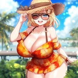 ai_generated ameanon beach big_breasts blonde_hair blue_eyes breasts cleavage hawaiian_shirt hololive hololive_english hololive_myth huge_breasts large_breasts mommy sunglasses thick_thighs virtual_youtuber vtuber watson_amelia