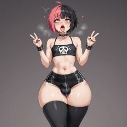 ai_generated big_ass child_bearing_hips cum_in_mouth cum_on_face emo femboy goth multicolored_hair small_waist tongue_out tongue_piercing wide_hips